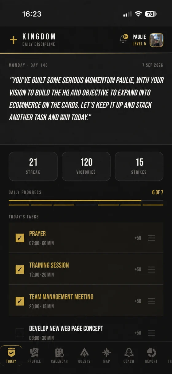 Kingdom App — Today screen: Alfred's daily brief, streak, victories, daily progress and the seven tasks